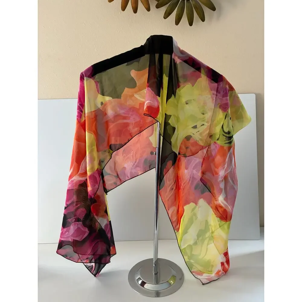 Colorful Chiffon Scarf Watercolor Floral Design Pink Orange Green Black 58